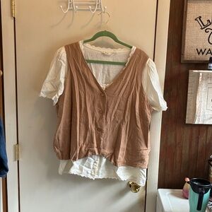 Brown Sleeveless Button-Front Vest with White Lace-Trim Blouse